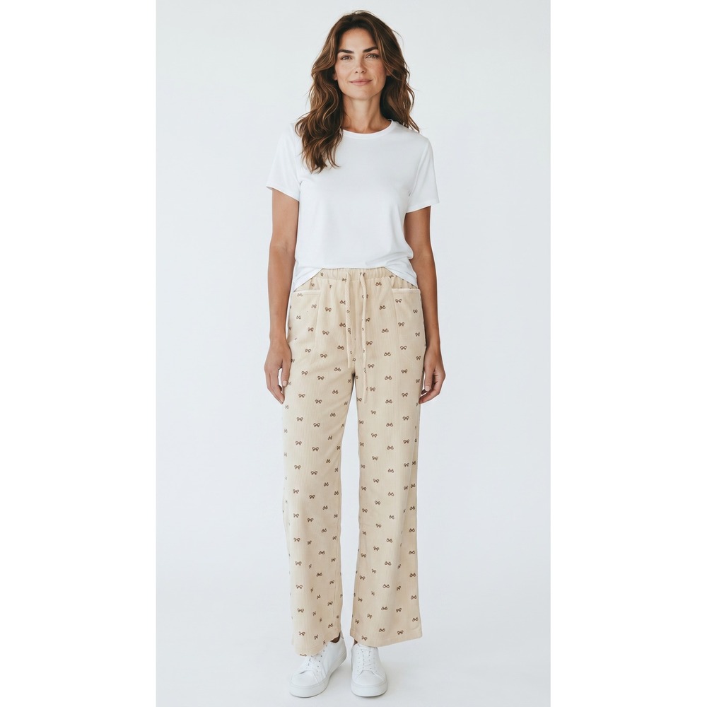 Jade by Jane Cream Corduroy Bow Print Wide Leg Pants Crochet Trim‎ XL